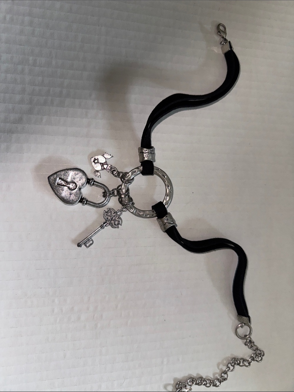 Silver Heart & Key Charm Necklace with Black Cord